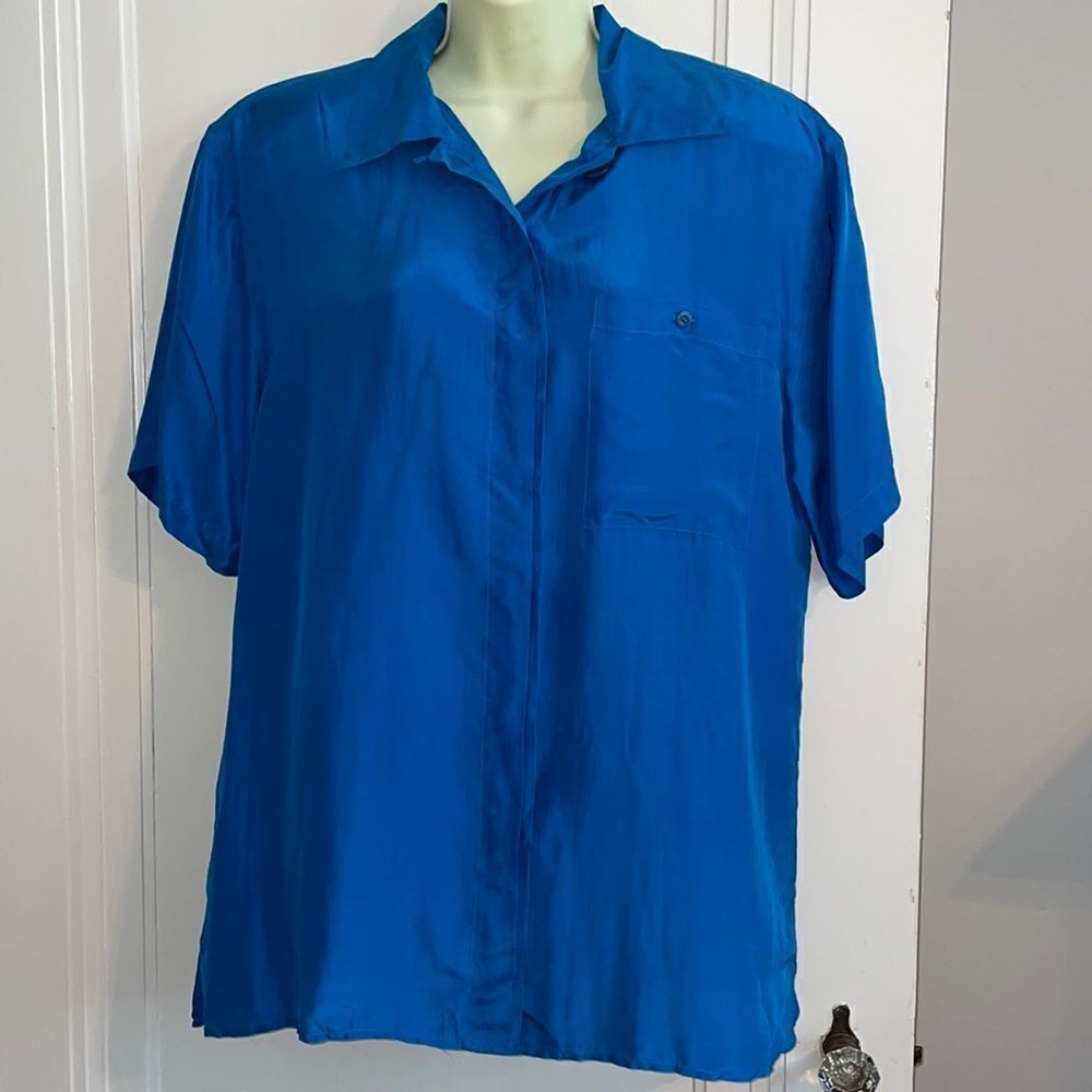 Vtg 80s/90s NWT Casual Corner teal blue silk shirt